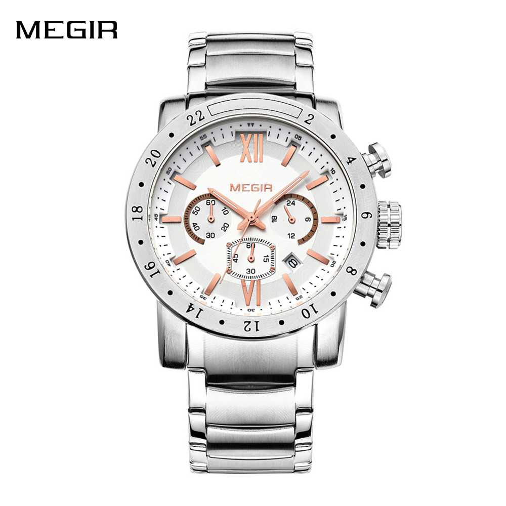 Smartwatch Watches Digital - MEGIR นาฬิกาลำลองสแตนเลสสำหรับผู้ชายกันน้ำหน้าปัดเรืองแสงผู้ชายควอตซ์นาฬิกาข้อมือธุรกิจพร้อมโครโนกราฟวันที่อัตโนมัติ
