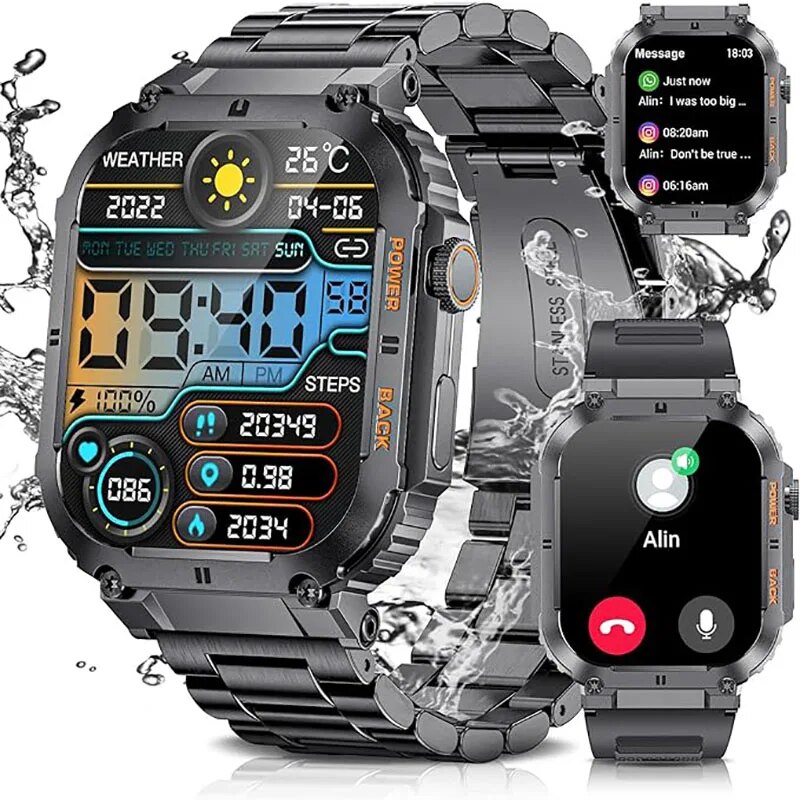 Smartwatch Watches For Men Digital - Lige สมาร์ทวอทช์ออกกำลังกายกลางแจ้ง, สมาร์ทวอทช์สำหรับผู้ชายหน้าจอ1.96นิ้วนาฬิกาบลูทูธกันน้ำนาฬิกาออกซิเจนในเลือด